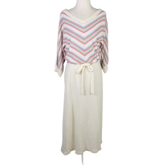 Vintage 70s Just Mort Cream Striped Knit Sweater Midi Dress M - Picture 1 of 6